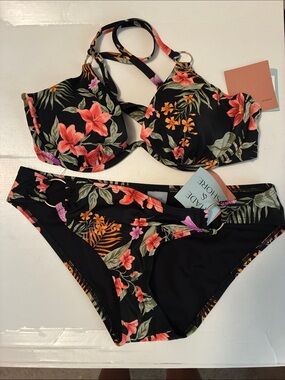 Shade & Shore Black Floral Underwire Bikini Set with Pink & Orange Flowers